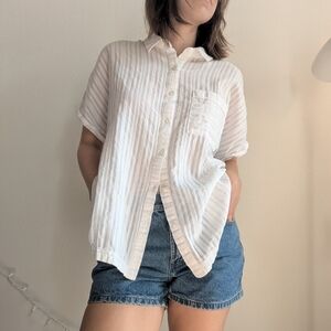 A.N.A. 100% Cotton Collared Button up Short Sleeve Batwing White Striped Top
